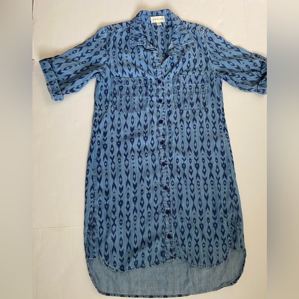 Cloth & Stone Ikat Print Chambray Shirt Dress Blue Button Front Belted Sz Small